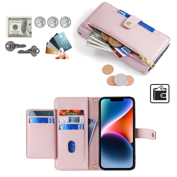 Klopové pouzdro pro iPhone 14, Wallet Zipper Pocket, růžové