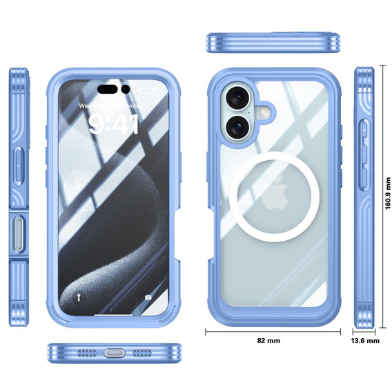 Pouzdro pro iPhone 16 Plus, Shockproof, se sklem, pro MagSafe, modré