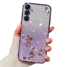 Pouzdro pro Samsung Galaxy A15 Glitter Flower, fialové+ 9H sklo