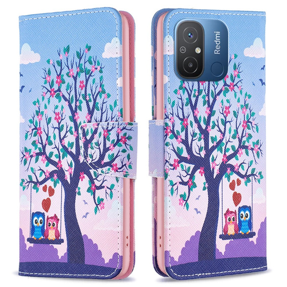 Klopové pouzdro pro Xiaomi Redmi 12C, Wallet, tree & owls, modré