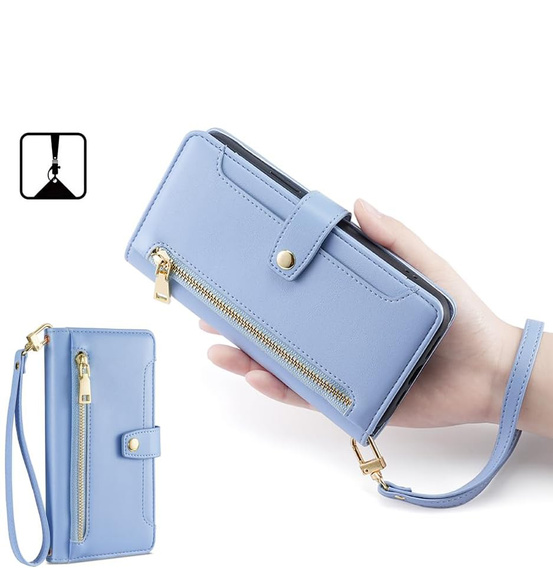 Klopové pouzdro pro iPhone 16E, Wallet Zipper Pocket, modré