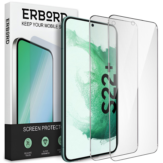 2x tvrzené sklo pro Samsung Galaxy S22+ Plus, ERBORD 9H Hard Glass na displeji