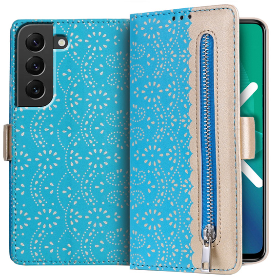 Flipové pouzdro pro Samsung Galaxy S22+ Plus 5G, Wallet Pocket Zipper Lace, modré