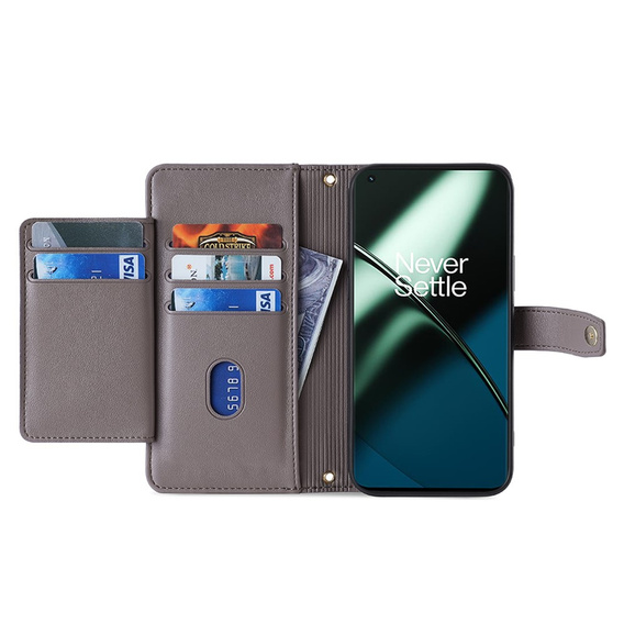 Klopové pouzdro pro OnePlus 12 5G, Wallet Zipper Pocket, šedé