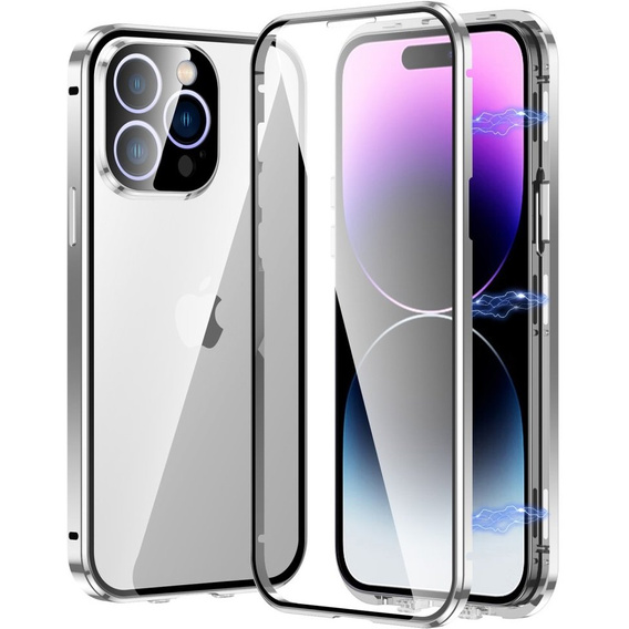 Pouzdro pro iPhone 15 Pro Max, Magnetic Dual Glass, stříbrné