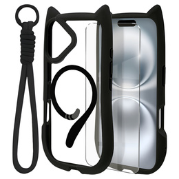 Pouzdro pro iPhone 16, pro MagSafe, Cute Cat, černé + sklo na displej