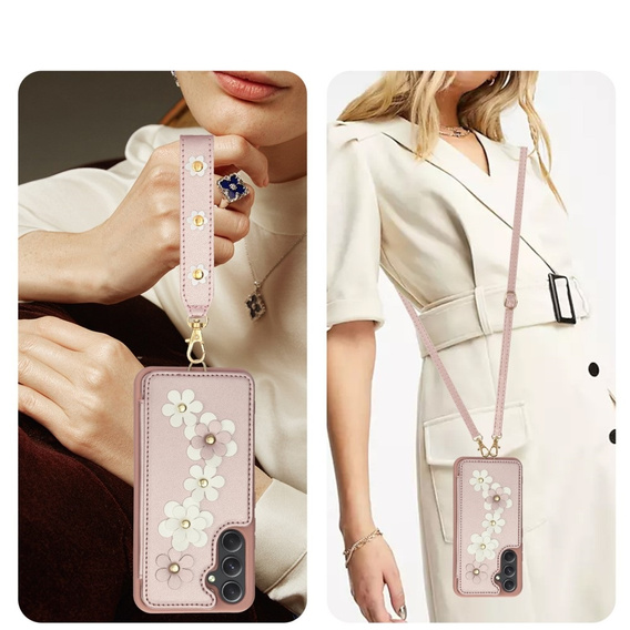 Pouzdro pro Samsung Galaxy A55 5G, Leather Flower Card Slot, růžové