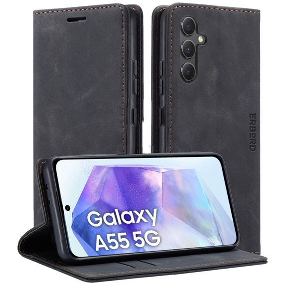 Pouzdro pro Samsung Galaxy A55, ERBORD Vintage peněženka s klopou, černé + sklo na displej