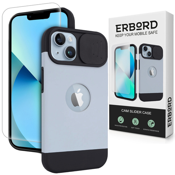 Pouzdro ERBORD MagSafe Cam Slider, modré + sklo na displej pro iPhone 13 / iPhone 14