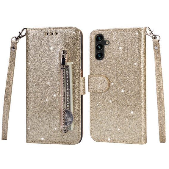 Klopové pouzdro pro Samsung Galaxy A55, Wallet Zipper Pocket Glittery, zlaté