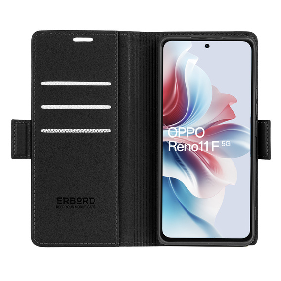 Pouzdro pro Oppo Reno 11F, ERBORD Glossy Litchi, flipová peněženka, černé