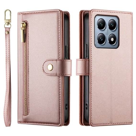 Klopové pouzdro pro Xiaomi 14T Pro, Wallet Zipper Pocket, růžové