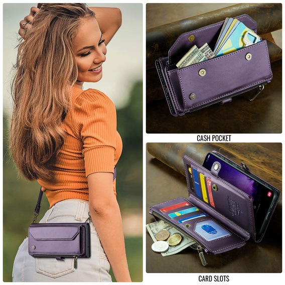 Pouzdro CASEME pro Samsung Galaxy S25 FE, RFID Leather Wallet, s popruhem přes rameno, fialové