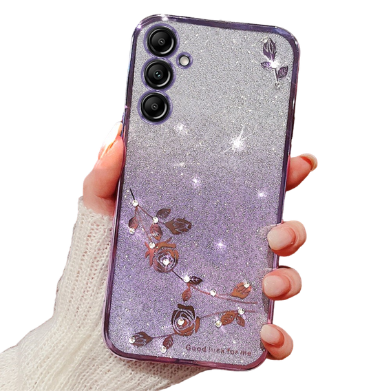 Pouzdro pro Samsung Galaxy A15 Glitter Flower, fialové+ 9H sklo