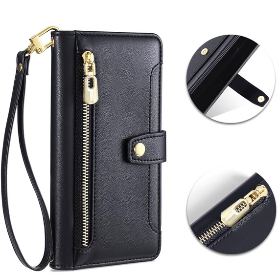 Klopové pouzdro pro iPhone 16E, Wallet Zipper Pocket, černé