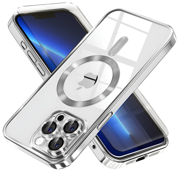 Pouzdro pro iPhone 13 Pro Max, Electro MagSafe, stříbrné + sklo na displej
