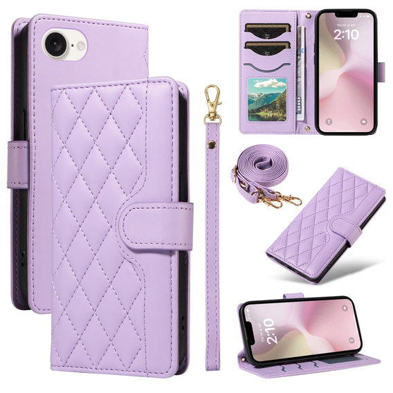 Pouzdro s klopou pro iPhone 16E, Rhombus Crossbody Leather, fialové