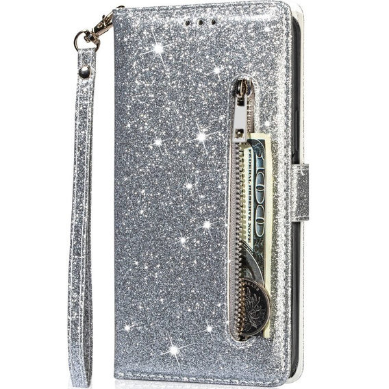 Klopové pouzdro pro Samsung Galaxy A55, Wallet Zipper Pocket Glittery, stříbrné