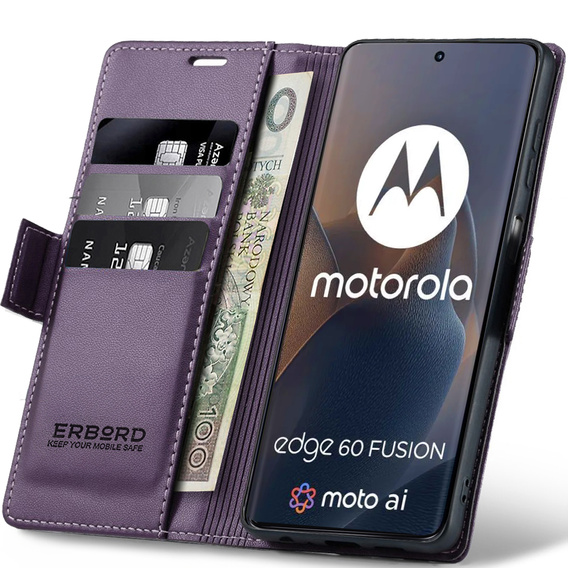 Pouzdro pro Motorola Edge 60 / 60 Fusion, ERBORD Glossy Litchi, flipová peněženka, fialové