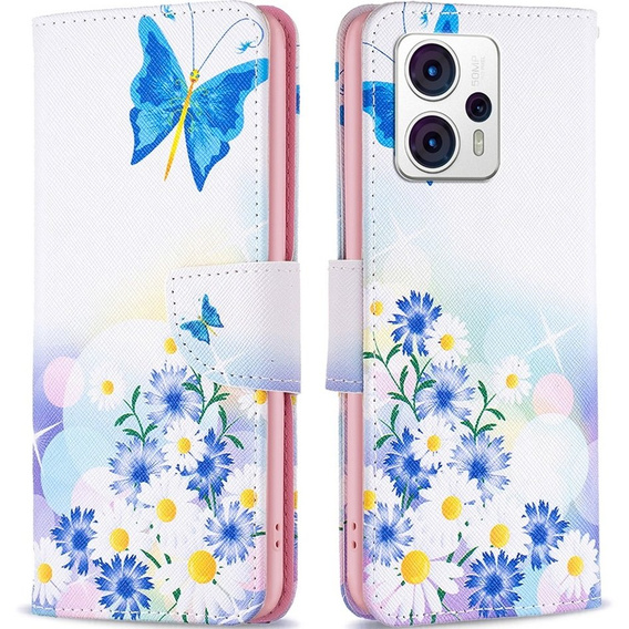 Klopové pouzdro pro Motorola Moto G53 5G / G23 / G13, Wallet, butterfly & flowers, modré