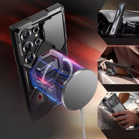 Pouzdro pro Samsung Galaxy S25 Ultra, Tongate MECH MagSafe Series, černé + Tvrzené sklo 9H