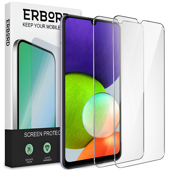 2x tvrzené sklo pro Samsung Galaxy A22 5G, ERBORD 9H Hard Glass na displeji