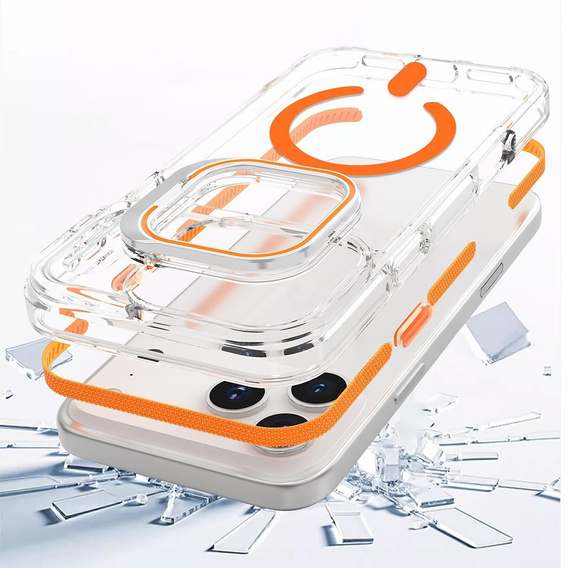 Pouzdro pro iPhone 17 Pro, pro MagSafe, se stojánkem, průhledné s oranžovými vložkami