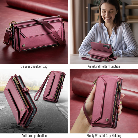 Pouzdro CASEME pro Samsung Galaxy S25 FE, RFID Leather Wallet, s popruhem přes rameno, červené