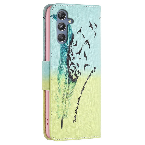 Klopové pouzdro pro Samsung Galaxy M34, Wallet, feather, modré