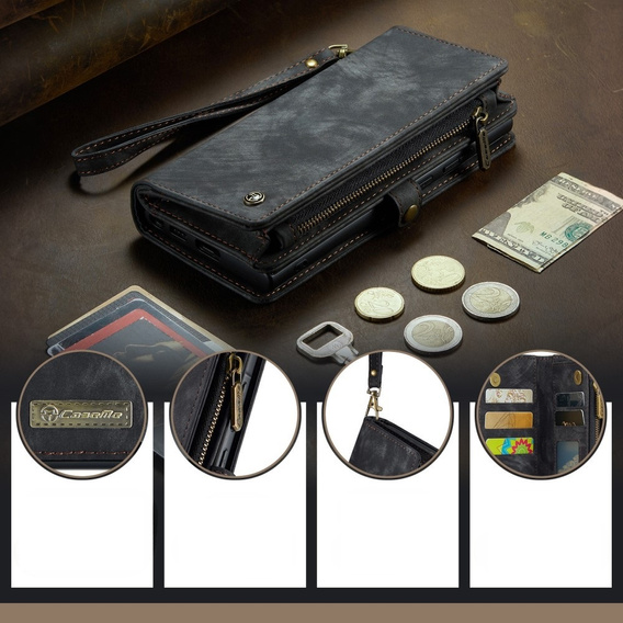 CASEME pouzdro pro Samsung Galaxy A56 5G, Retro Leather Wallet, s páskem, černé