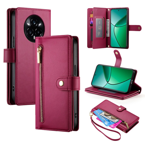 Klopové pouzdro pro Realme 14 Pro 5G, Wallet Zipper Pocket, červené