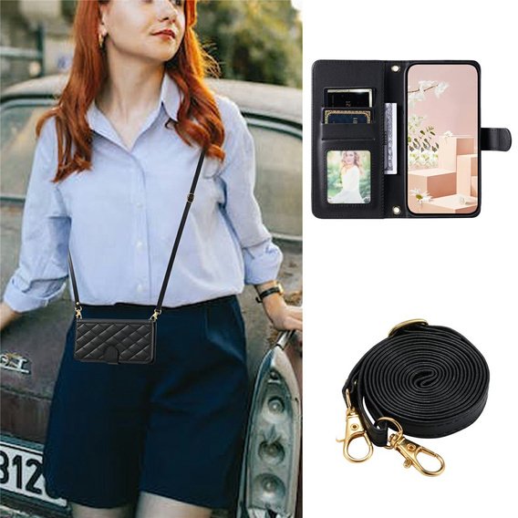 Pouzdro s klopou pro Samsung Galaxy S25 FE, Rhombus Crossbody Leather, černé