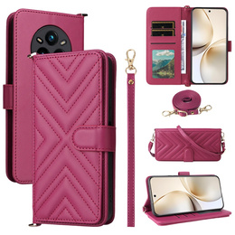 Flipové pouzdro pro Realme 14 Pro+ 5G, Crossbody Leather Wallet, tmavě růžová