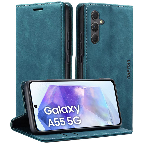Pouzdro pro Samsung Galaxy A55, ERBORD Vintage peněženka s klopou, modré + sklo na displej