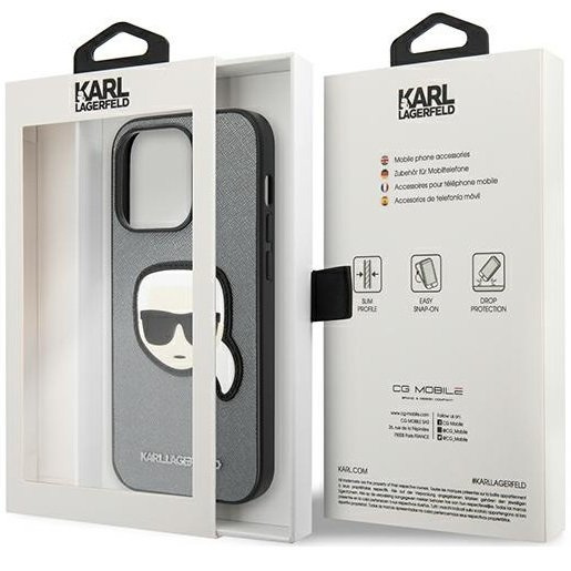 Pouzdro Karl Lagerfeld pro iPhone 14 Pro Max, Saffiano Karl's Head Patch, stříbrné