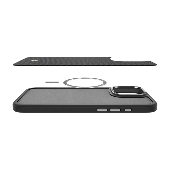 Pouzdro Spigen pro iPhone 16 Pro, Enzo Aramid MagSafe, karbonově černá / stříbrná + 9H tvrzené sklo