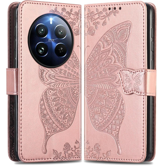 Klopové pouzdro pro Realme 12 Pro 5G / 12 Pro+ 5G, Butterfly, růžové rose gold