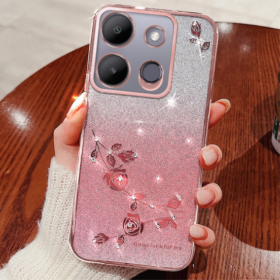Pouzdro pro Infinix Smart 7 4G, Glitter Flower, růžové rose gold