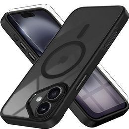 Pouzdro pro iPhone 16 Plus, pro MagSafe, ERBORD Matt Case, transparentní / černé + sklo na displej