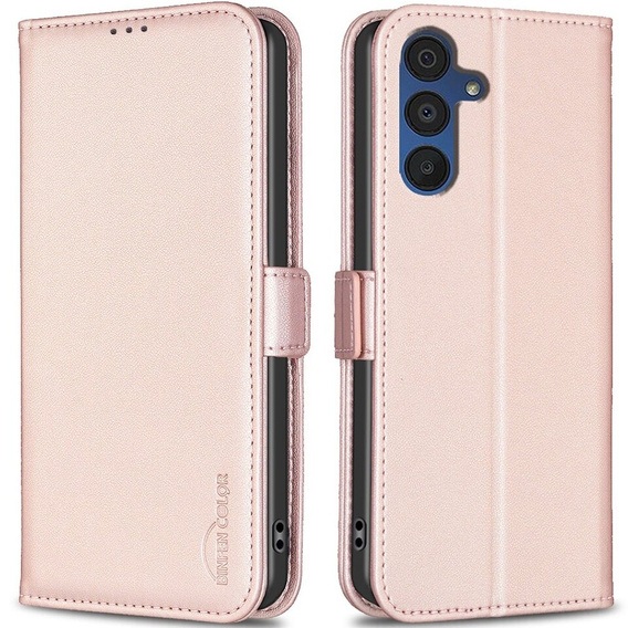 Klopové pouzdro pro Samsung Galaxy A15, BINFEN Wallet, růžové rose gold  + 9H sklo 