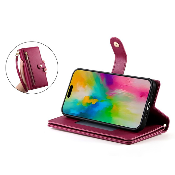 Klopové pouzdro pro iPhone 16 Pro, Wallet Zipper Pocket, červené