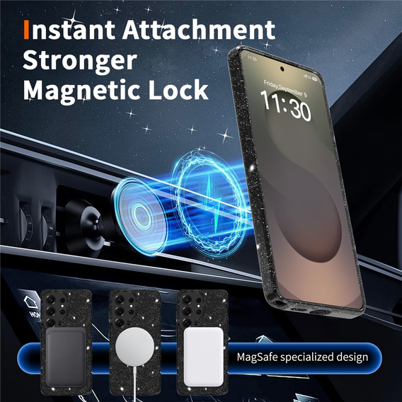 Brokatové pouzdro, pro MagSafe pro Samsung Galaxy S26 Ultra, průhledné / černé