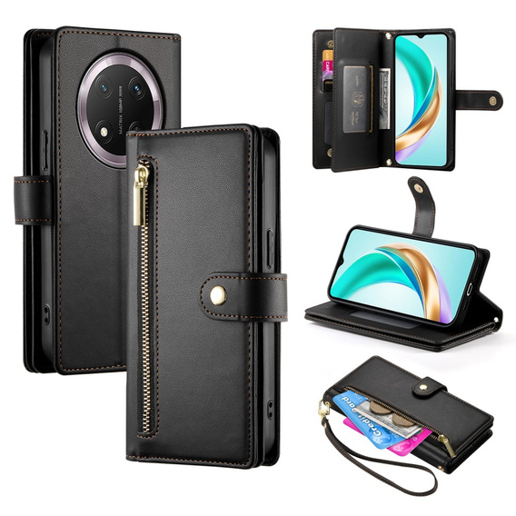Klopové pouzdro pro Honor Magic 7 Lite, Wallet Zipper Pocket, černé