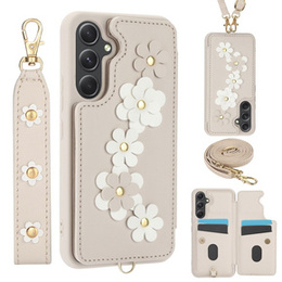 Pouzdro pro Samsung Galaxy A55 5G, Leather Flower Card Slot, béžové