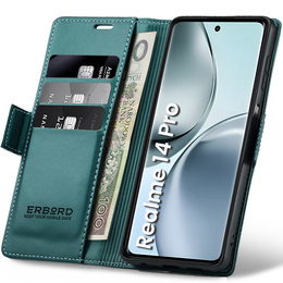 Pouzdro pro Realme 14 Pro 5G, ERBORD Glossy Litchi, flipová peněženka, zelené