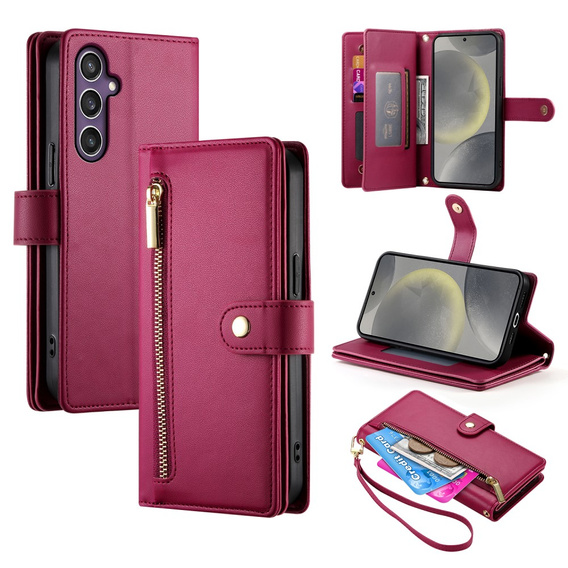 Klopové pouzdro pro Samsung Galaxy S25, Wallet Zipper Pocket, červené