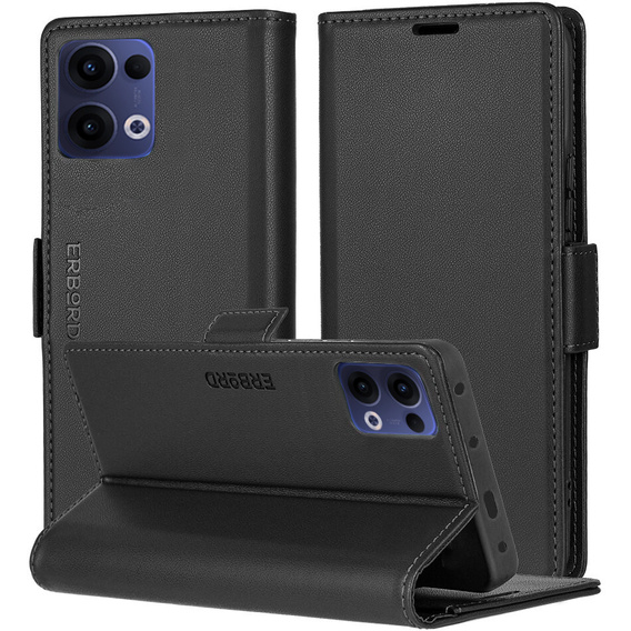 Pouzdro pro Oppo Reno 13, ERBORD Glossy Litchi, flipová peněženka, černé