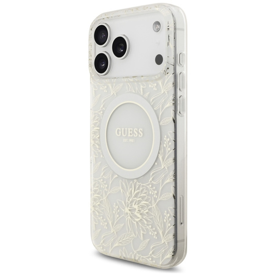 Pouzdro Guess IML Flowers Electroplated Allover With Beads Strap, pro MagSafe, s řemínkem pro iPhone 17 Pro Max