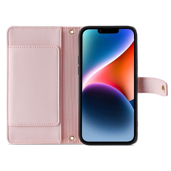 Klopové pouzdro pro iPhone 15 Pro, Wallet Zipper Pocket, růžové