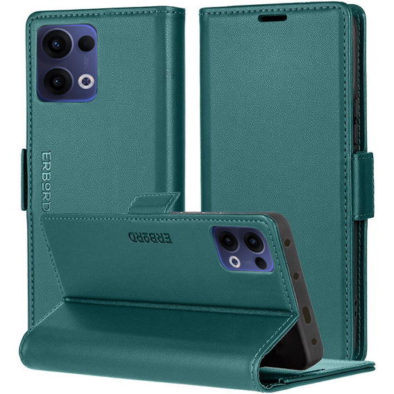 Pouzdro pro Oppo Reno 13, ERBORD Glossy Litchi, flipová peněženka, zelené